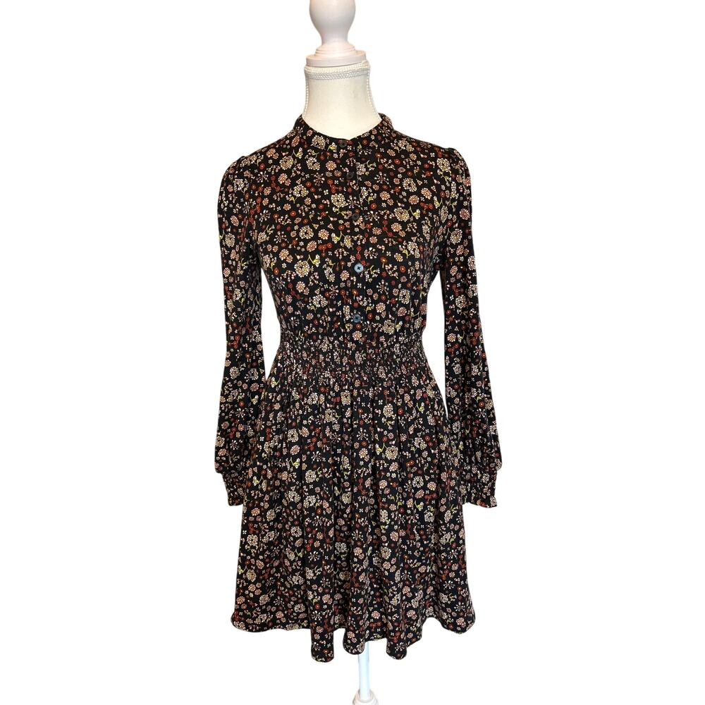Boden | Black Floral Long Sleeve Smock Waist Dress | 6R